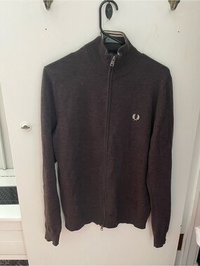 Fred Perry Men's Full-Zip Brown Merino Wool Sweater